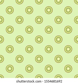 Juicy kiwi. Tasty fruit. Cut in half. Minimalistic icon. Colorful graphic vector seamless pattern. Cartoon style, simple flat design. Trendy illustration. Green background. Equal interval