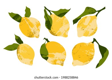 Juicy lemon. Fresh citrus fruit, healthy organic food. Ripe yellow fruits with leaves. Vector flat cartoon botanical illustration. Perfect for logo, stamp, brand, mark