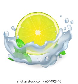 Juicy lemon or lime and green leaves of peppermint with water drops closeup icon isolated on white vector illustration.