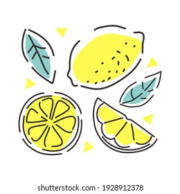 Juicy lemon on a white background with leaves. Lemon slices. Contour abstract illustration.