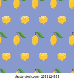 Juicy Lemon Seamless Pattern with Whole and Halved Fruits on Blue Background. Fresh Citrus Print for Fabrics, Wrapping Paper, Kitchen Decor, and Summer Themed Designs