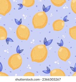 Juicy lemon seamless vector pattern on light background. Summer fruit background. Use for fabric, gift wrap, packaging. Vector illustration in flat cartoon style.