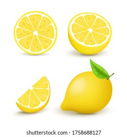 Juicy lemon set with slice and leaves. Fresh citrus fruits whole and halves isolated vector illustration. 3D isolated on white background.