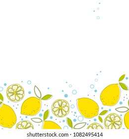 
Juicy lemons with green leaves and water bubbles.