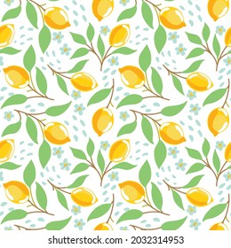 Juicy lemons. Lemon tree branch, falling petals. Summer print. Seamless pattern. Vector.
