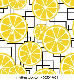 Juicy lemons on  crossing lines background. Seamless pattern. Great for print on fabric. Vector illustration. 