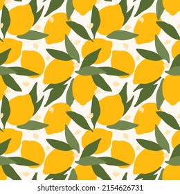 juicy lemons scattered in a chaotic manner. flat endless illustration with citrus fruits. whole lemons with leaves and flowers. delicious print.