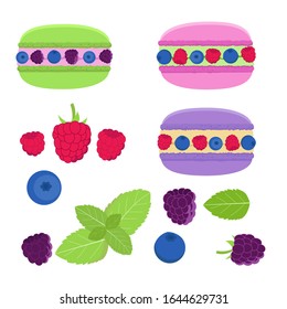 Juicy сookies with сream. Macaroons and berries, mint leaves set. Vector flat style illustration. 