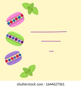 Jugosos macarons con с resam. Ilustración vectorial. fondo plano.  