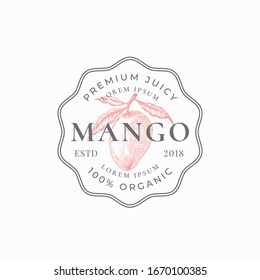 Juicy Mango Frame Badge or Logo Template. Hand Drawn Exotic Fruit Sketch with Retro Typography and Borders. Vintage Premium Emblem. Isolated.