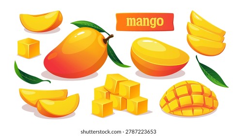 Juicy mango fruit, slices and cubes in bright cartoon style on clean white background, symbolizing freshness and tropical concept. Vector illustration