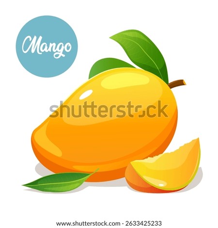 Juicy mango illustration with whole and slice fruit, and label isolated on white background.