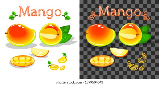 Juicy mango, text and icon. Natural vegetarian product, farmers market, packaging element. Fill on white background, on another gradient. White background transparent in EPS. Vector illustration.