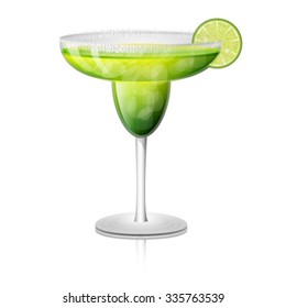 Juicy margarita drink cocktail in a rimmed class with a slice of lime fruit. Vector illustration.