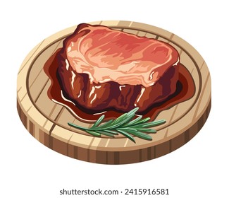 Juicy meat steak with rosemary on wooden board. Roast meat, grill food, barbecue. Vector illustration in eps 10. Suitable for menu, recipe and cookbook 
