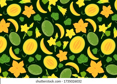 Juicy melon seamless pattern with blooming elements. Yellow fruit repeated background for textile, fabric, wallpaper, cover. Summer mood floral texture. Healthy vegetarian organic food illustration.