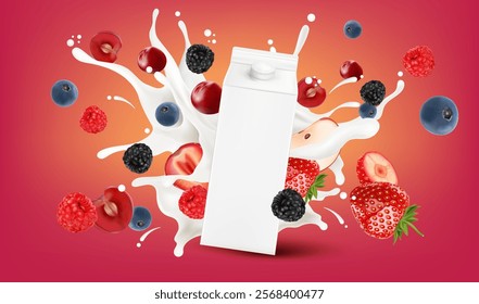 Juicy mixed berries splashing isolated with strawberries slice of pieces element in the middle on white background. Realistic vector in 3D illustration.