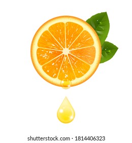 juicy orange with a drop of juice on a white background