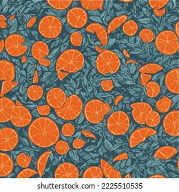 Juicy orange falling with green leaves on dark background. Slices of oranges are flying. Applies to juice ads.Background.  Vector, Cartoon illustration Drawing.
