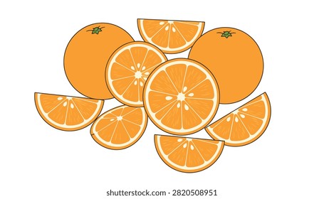 Juicy orange heap illustration featuring whole citrus fruits alongside sliced segments and half pieces on white.