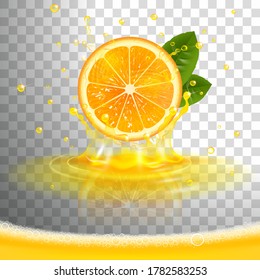 juicy orange with juice splash and squeezed juice foam on transparent background