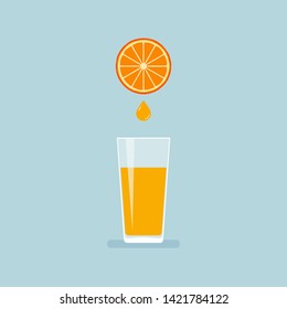 Juicy orange pouring into glass symbol in flat style. Vector illustration isolated on blue background