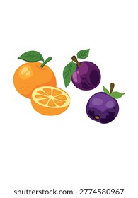 juicy orange and ripe plums isolated composition