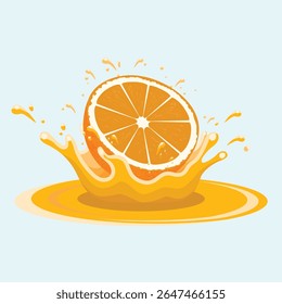 Uma fatia de laranja suculenta é retratada no meio do splash, criando uma ilustração vibrante de suco fresco.