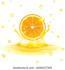 juicy orange splashing with juice on a white background