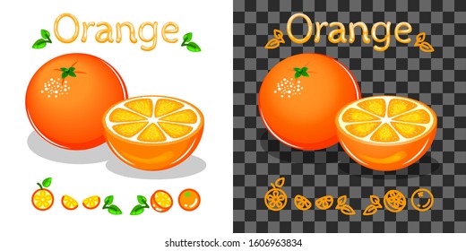 Juicy orange, text and icon. Natural vegetarian product, farmers market, packaging element. Fill on white background, on another gradient. White background transparent in EPS. Vector illustration.