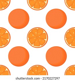 Juicy orange vegan fruit vector flat seamless pattern. Tasty summer fruits background. Orange taste. Colorful flat style cartoon food wallpaper. Eco food. Vegetarian sweet fruit