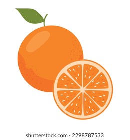 Juicy orange. Whole orange and orange slice isolated on white background. Vector design of an orange.