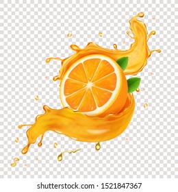 Juicy orangefruit in realistic orange juice splash.