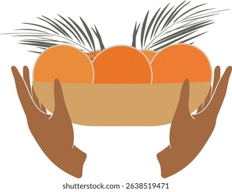 Juicy oranges bowl illustration. Woman hands and fruits. Aesthetic rape tangerine fruit design