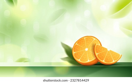 naranjas jugosas con hojas verdes en la pantalla de podio premium para el producto. aplicables a la publicidad de zumos de fruta. cosméticos vitamina C o cuidado de la piel. diseño vectorial.