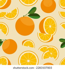 saftige Orangen auf zartem beigem Hintergrund mit orangefarbenem Schnittmuster, Textur