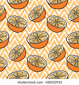Juicy oranges on a orange  geometric background. Vector seamless pattern