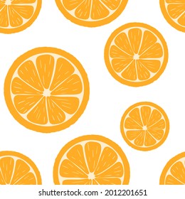 Juicy oranges pattern, vector illustration. Seamless bright summer background with orange fruits. Solid wallpaper, citrus halves.