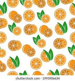 Oranges jugosos sin soldadura, cítricos brillantes enteros y mitades con hojas verdes sobre una ilustración vectorial de fondo blanco