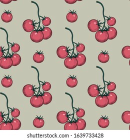 Juicy organic Cherry tomatoes. Seamless pattern background with red tomatoes on a branch. Vintage color engraving stylized drawing. Vector illustration