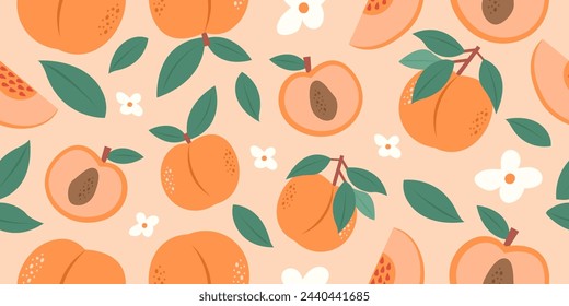 Juicy peach seamless pattern. Sliced and whole peaches. Flowers and leaves. Trendy flat hand-drawn vector illustration. Tropical background.