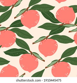 Juicy Peaches, green leaves. Fresh tasty fruits. Hand drawn colored Vector illustration. Square seamless Pattern. Background, wallpaper. Perfect for textile prints, posters or wrapping paper