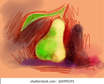 juicy pear drawn with colored pencils and markers. vector illustration Organic Food