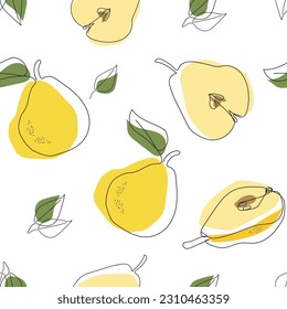 Frutas jugosas de pera. Fondo de patrón sin inconvenientes. Ilustración vectorial de línea dibujada a mano. Patrón para el diseño moderno de tela, papel pintado, papel de escritorio, textil. 