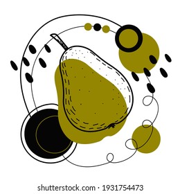 Juicy pear on colorful abstract summer background. The pear icon is made in the style of a line. Stylish fruit green illustration, background. Great for logo, icon, print, product design. Vector.