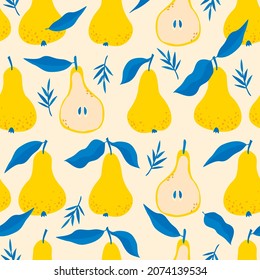 juicy pears with blue leaves endless hand drawing pattern. tropical illustration with fruits.