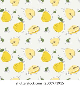 Juicy pears fruits. Seamless pattern background. Pattern for modern design of fabric, wallpaper, stationery, textile. Hand drawn line vector illustration.