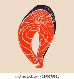 Juicy piece of fresh fish, salmon, tuna. Vector illustration for fabric, textile, clothing, wrapping paper, wallpaper, poster, logo. Noise texture
