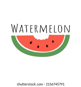 Juicy piece of watermelon with seeds in a simple flat style on white background and an inscription. Delicious summer season fruit with bite from human teeth. Sign, icon fresh ripe berry water melon.