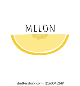 Juckes Stück gelber Melone in einem einfachen, flachen Stil auf weißem Hintergrund und einer Inschrift. Köstliche Früchte der Sommersaison mit Samen und schwarzer Buchstabenschrift. Unterschreiben, Symbol frischen reifen Scheiben.
